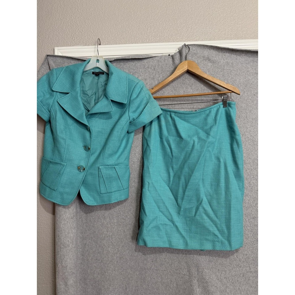 Tahari Skirt Suit Womens 8 Blue Cotton Blend 2 Piece Jacket Workwear Career
